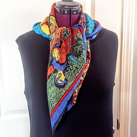 Abstract Chagall Multicolor Print Square Silk Jacquard Scarf - Picture 3 of 5